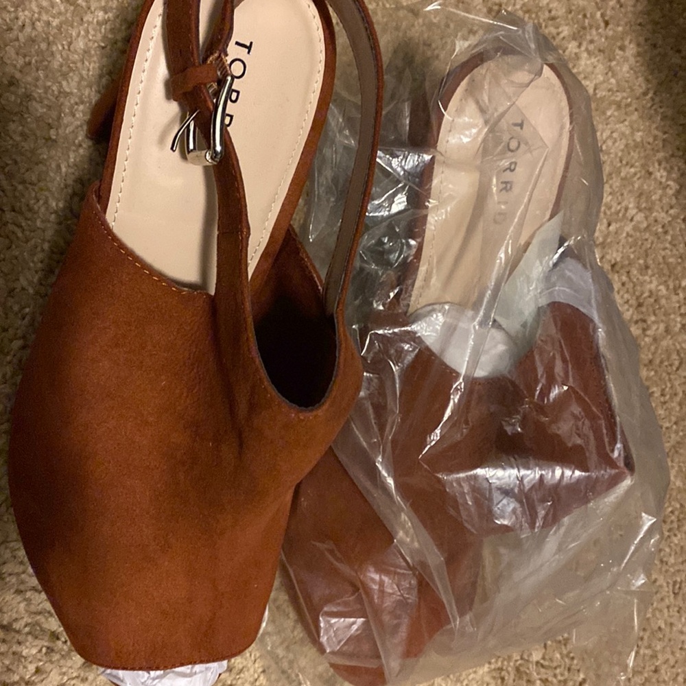 Brand new cognac colored open toe booty